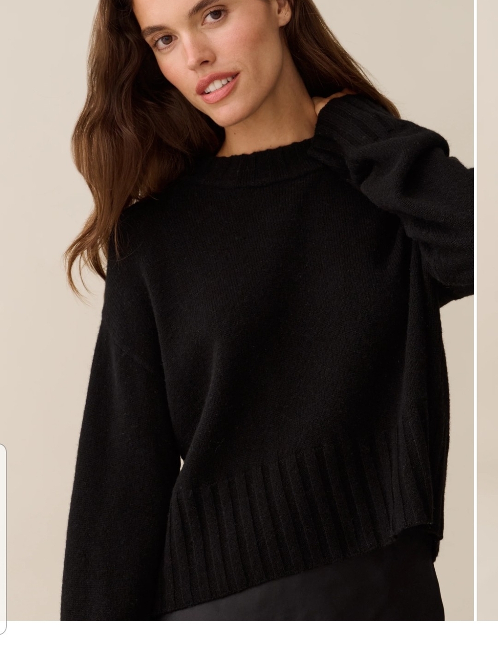 wool Relaxed Black Crewneck Sweater with Rib Hem